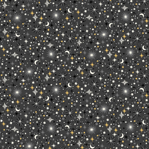 Soft black fabric that features twinkling stars, crescent moons, and radiant starbursts with subtle yellow accents.