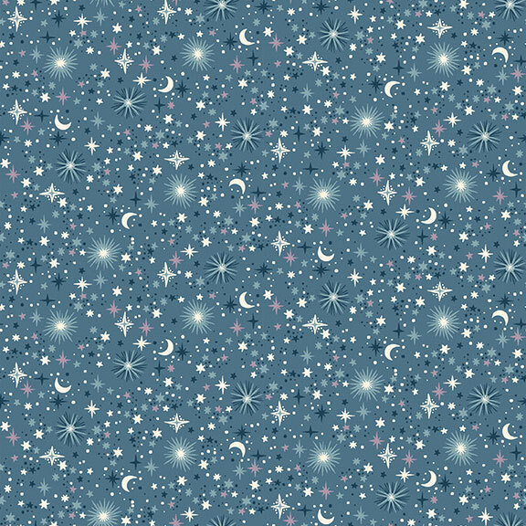 Dusty blue fabric that features twinkling stars, crescent moons, and radiant starbursts with subtle purple accents.