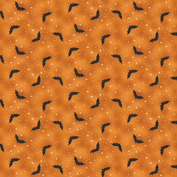 mottled pumpkin orange fabric decorated with white stars and black bats.
