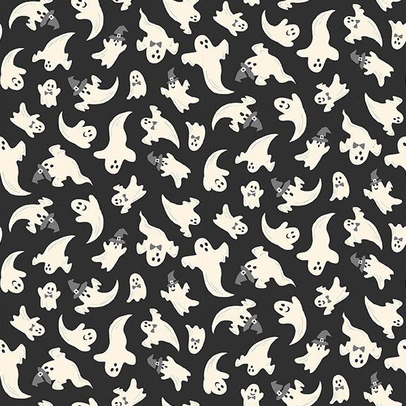 image of ghosts in hats and bow ties scattered on a black background.
