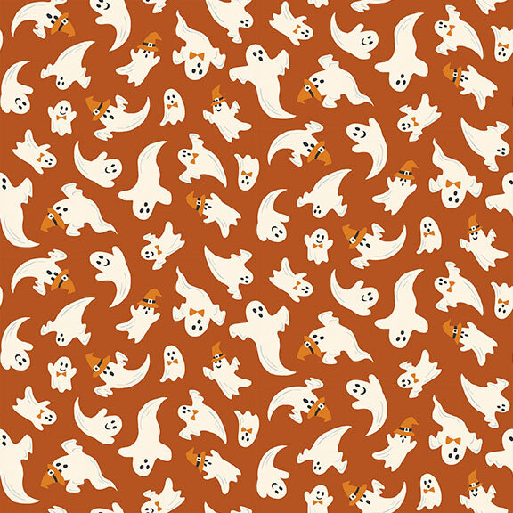 image of ghosts in hats and bow ties scattered on a burnt sienna background.