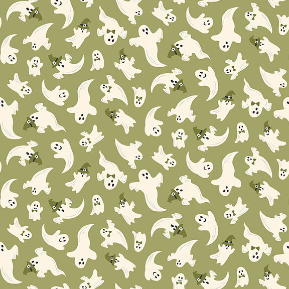 image of ghosts in hats and bow ties scattered on a warm sage background.