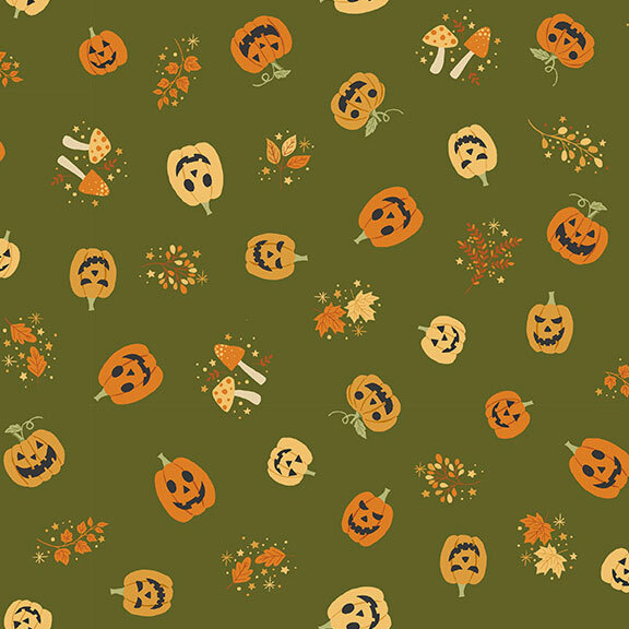 scattered pattern of jack-o-lanterns, mushrooms, and leaves on a dark olive background.