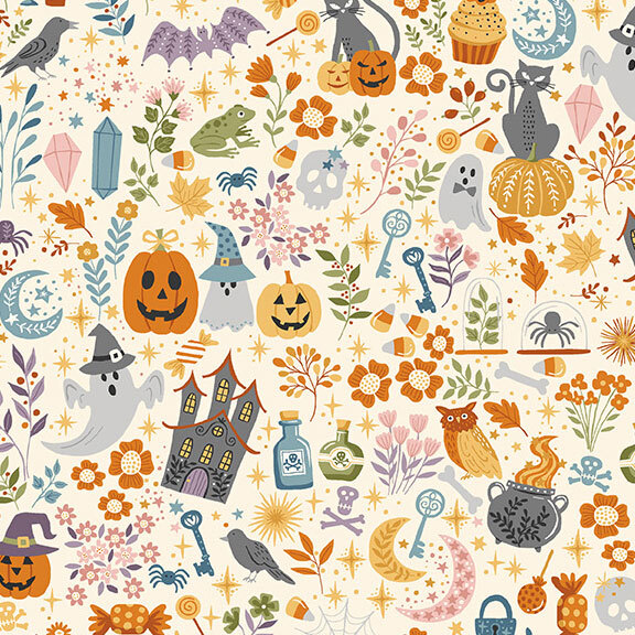 Halloween motifs such as ghosts, jack o lanterns, spiders, black cats, candy, crystals, moons, stars, and cauldrons on a cream background.