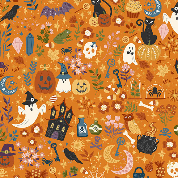 Halloween motifs such as ghosts, jack o lanterns, spiders, black cats, candy, crystals, moons, stars, and cauldrons on a pumpkin orange background.