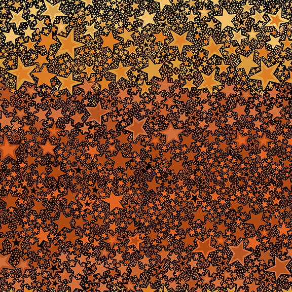 gold, orange, rust ombre pattern of stylized stars on a black background.
