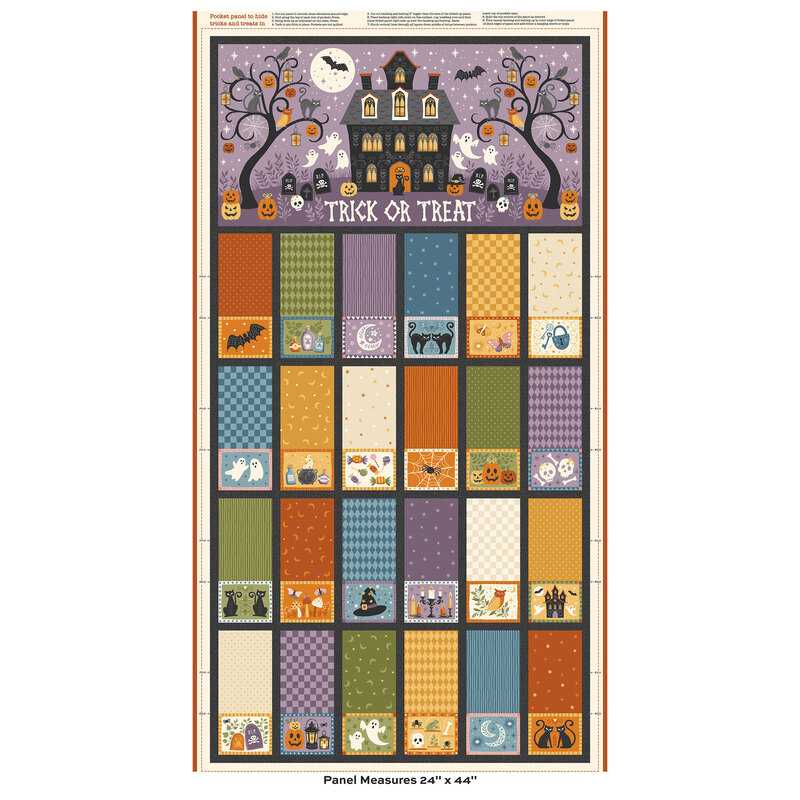 24" pocket panel featuring 24 halloween-themed pocket slips to hide treats in and a haunted house scene at the top with the words "Trick or Treat"
