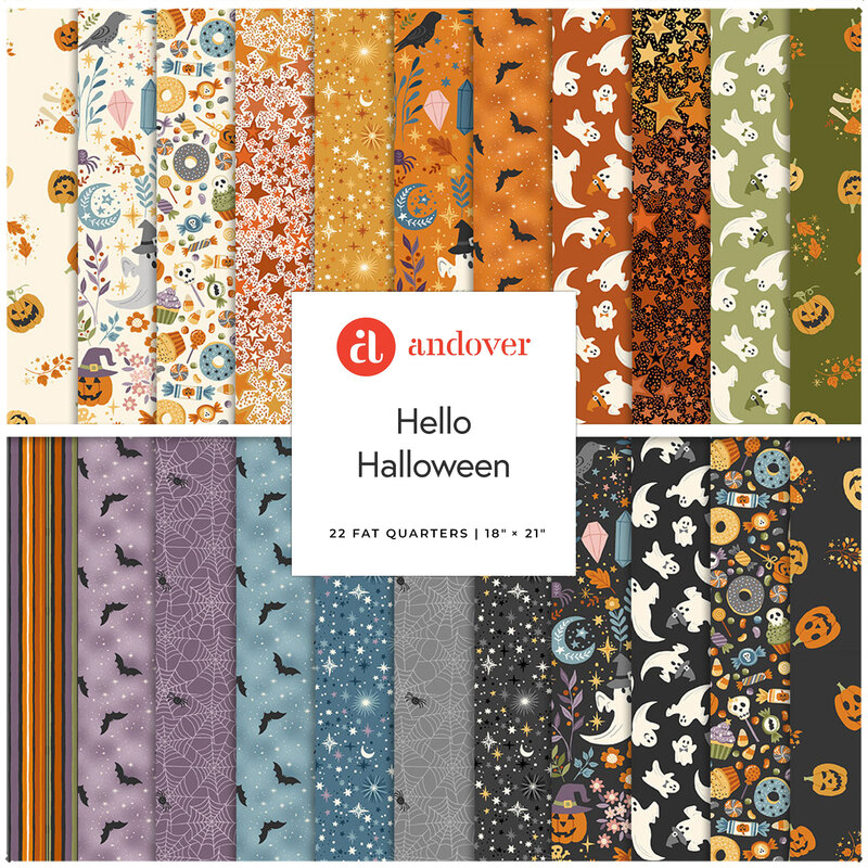 A square collage of Halloween-themed fabrics from the Hello Halloween collection.