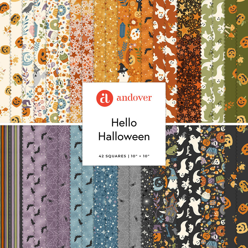 A square collage of Halloween-themed fabrics from the Hello Halloween collection.