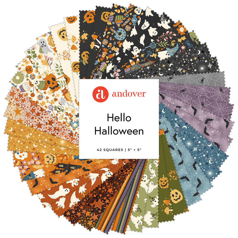 A circular collage of Halloween-themed fabrics from the Hello Halloween collection.