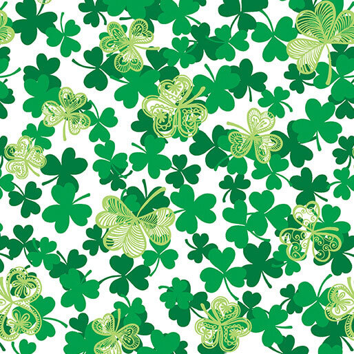 Green shamrock pattern with decorative clover leaves on a white background.