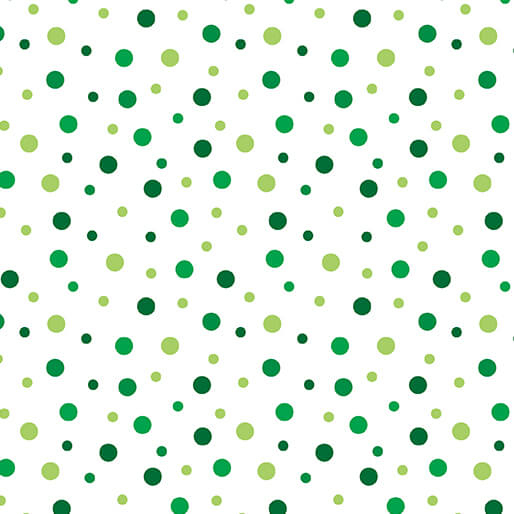 White fabric featuring a dotted print with different shades of green.