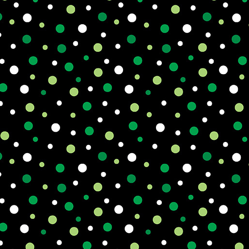 Black fabric featuring a dotted print in hues of green and white.