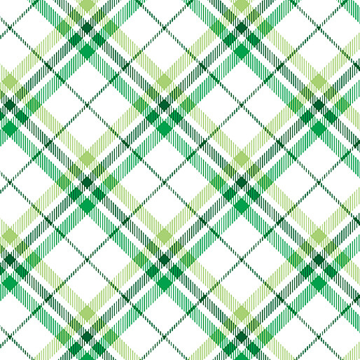 White fabric with a green plaid pattern with diagonal intersecting stripes.