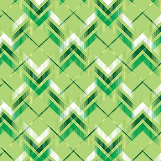 Light green fabric with a green and white plaid tartan pattern with intersecting diagonal stripes and diamond shapes.