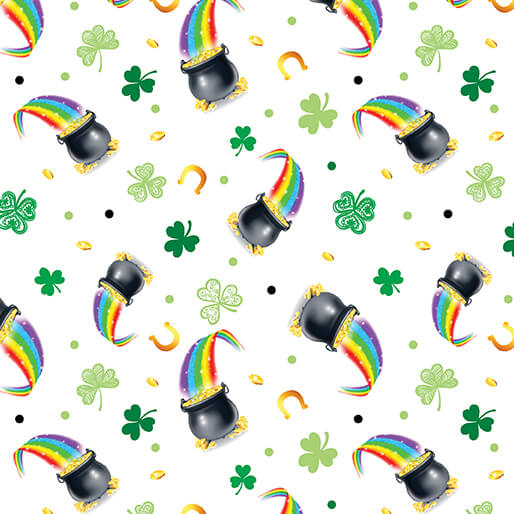 Rainbow cauldrons, shamrocks, clovers, and horseshoes on a white background.