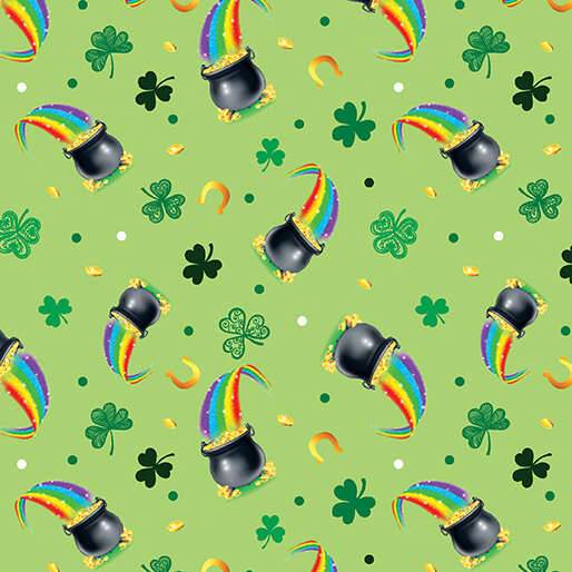 Rainbow cauldrons, shamrocks, clovers, and horseshoes on a light green background.