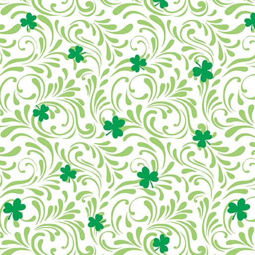 Fabric with a green shamrock and swirl pattern on a white background.