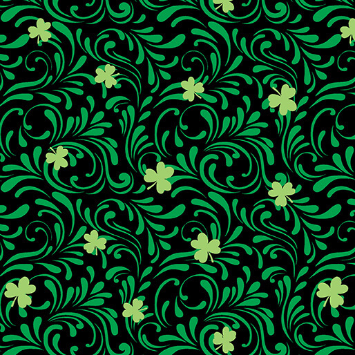 Fabric with a green floral swirl pattern on a black background.