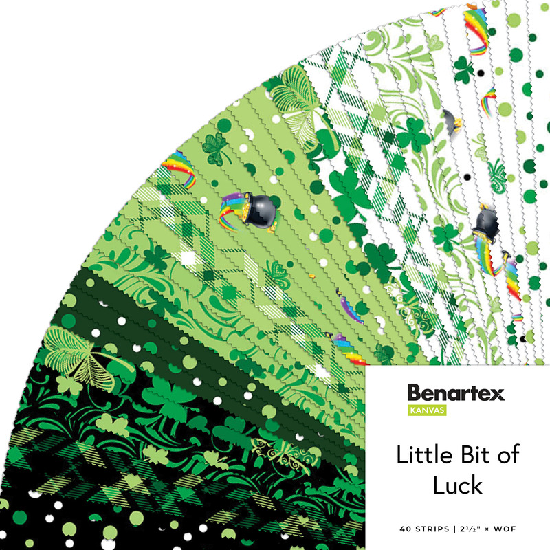 a fanned collage of white, green, and black St. Patrick's Day fabrics featuring dots, clovers, plaids, and rainbow pots of gold.