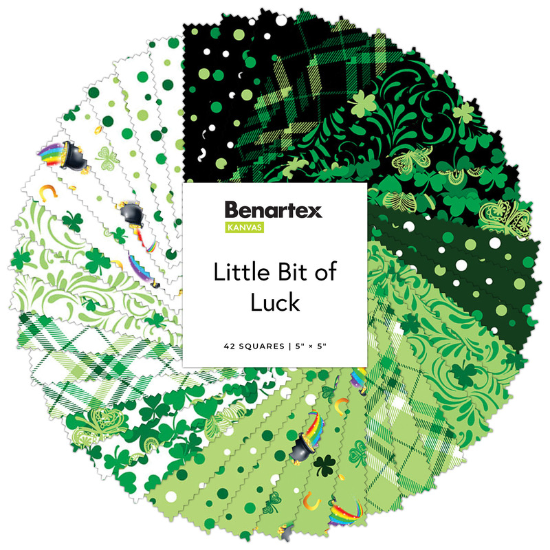 a circular collage of white, green, and black St. Patrick's Day fabrics featuring dots, clovers, plaids, and rainbow pots of gold.