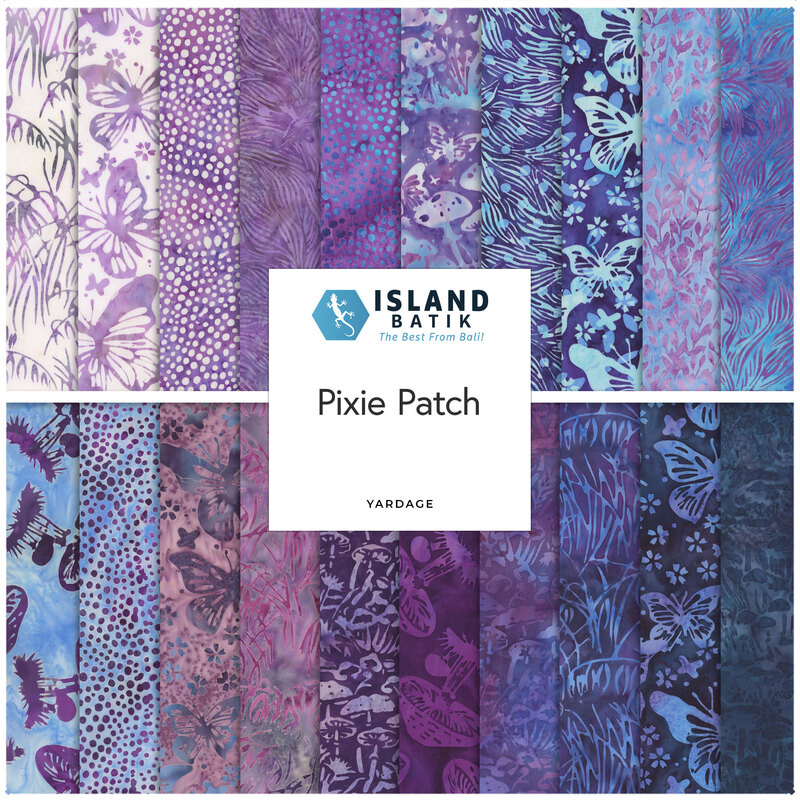 Square collage of blue and purple batik fabrics featuring butterflies, mushrooms, leaves, and dots. 