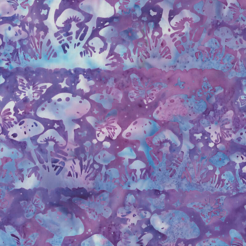 amethyst and bright sky blue batik fabric feature a repeating woodland scene of mushrooms and butterflies.