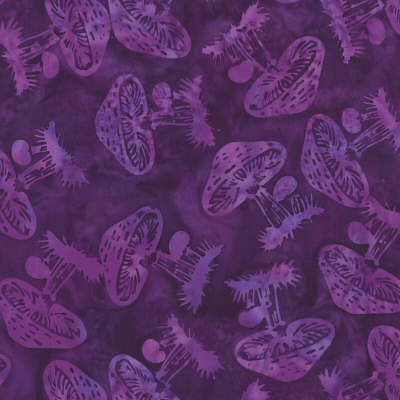 Mottled grape batik fabric featuring a scattering of textured mushrooms.