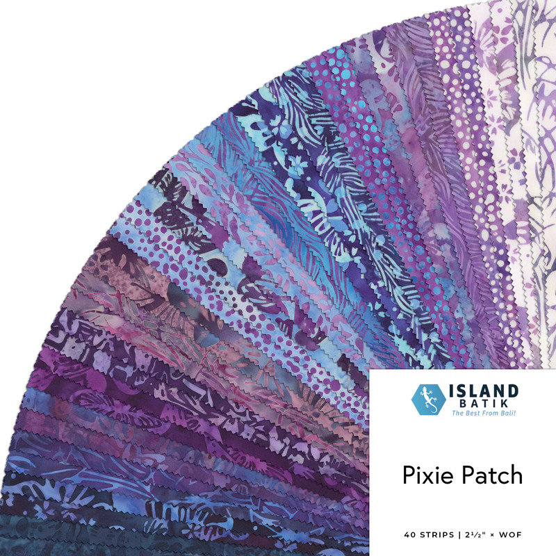 Fanned collage of blue and purple batik fabrics featuring butterflies, mushrooms, leaves, and dots. 