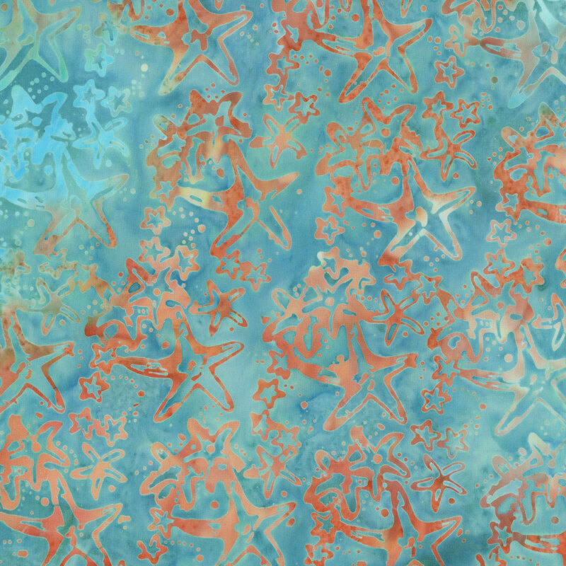 A mottled medium teal batik fabric featuring coral starfish and smaller sea stars.