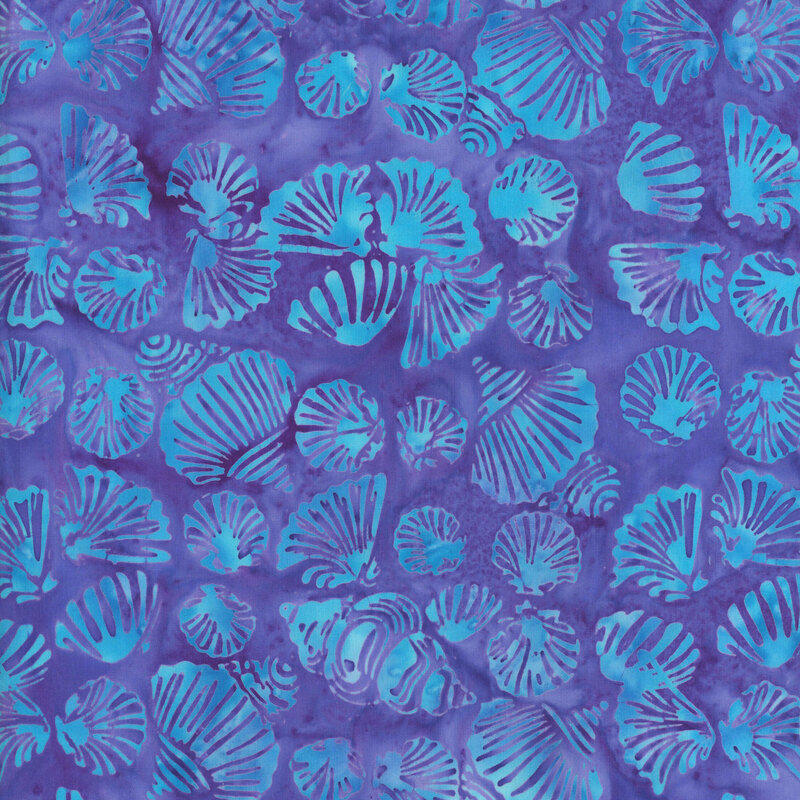 A mottled wisteria batik fabric featuring aqua seashells in assorted shapes.
