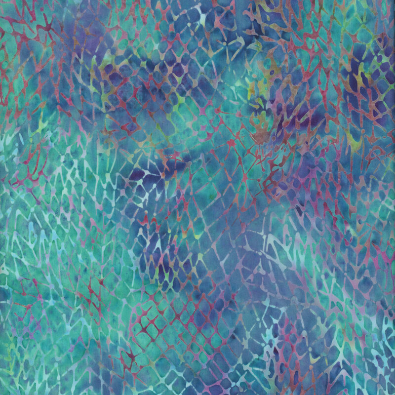 A mottled multicolored batik fabric featuring layered purple and teal fishing net motifs.