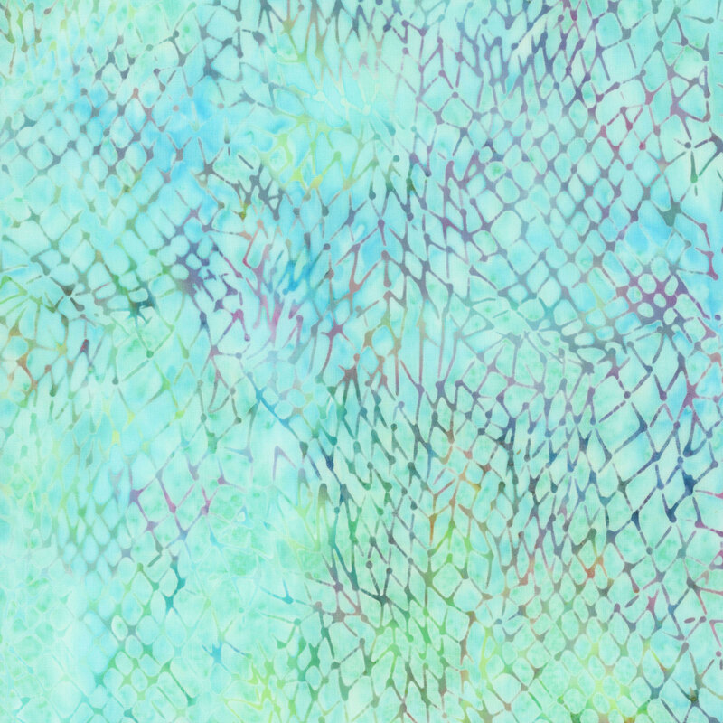 A mottled light seafoam batik fabric featuring multicolored fishing net motifs.