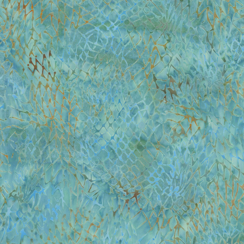 A mottled medium teal batik fabric featuring layered blue and tan fishing net motifs.