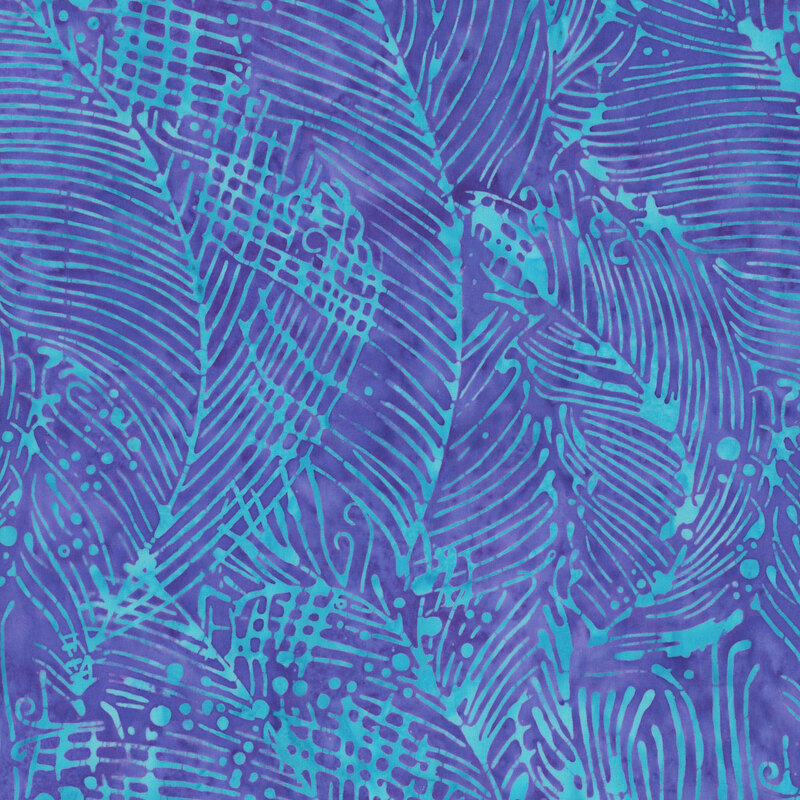 A mottled wisteria batik fabric featuring aqua seaweed fronds and bubble-like details.