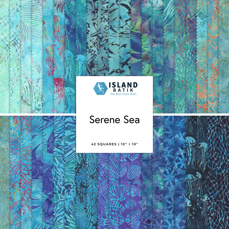 A collage of fabrics featured in the Serene Sea Layer Cake by Island Batik.