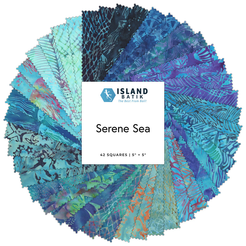 A collage of fabrics featured in the Serene Sea Charm Pack by Island Batik.