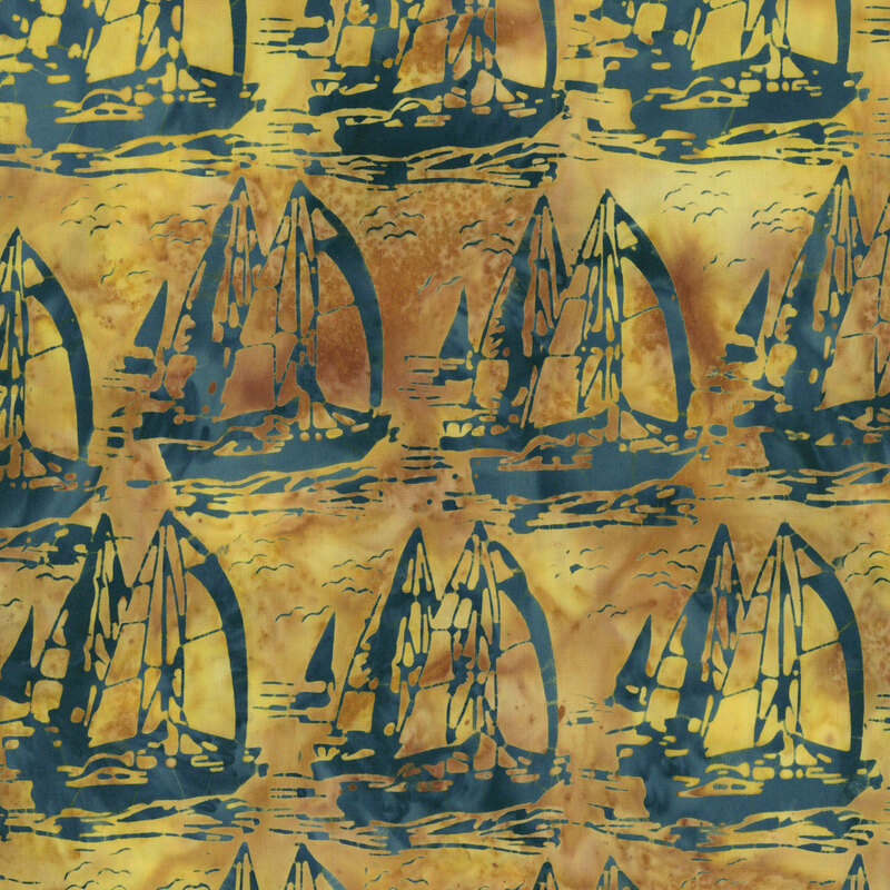 A mottled bronze batik with cadet blue sailboats. 