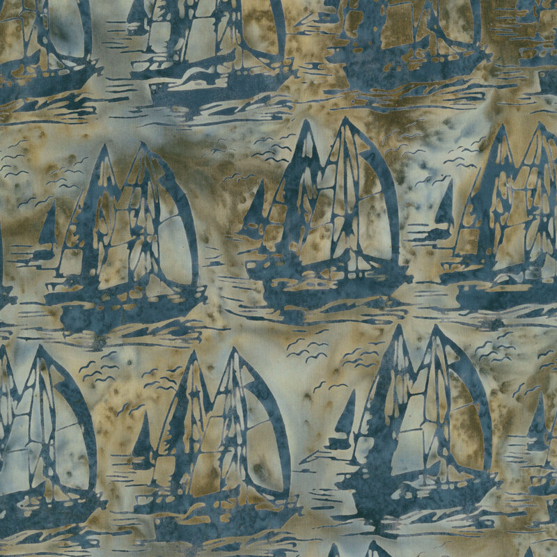 A gray blue batik with cadet blue sailboats on the open waters. 