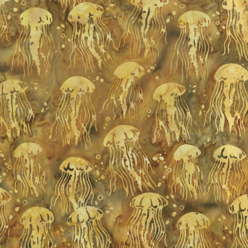 A mottled bronze batik scattered with jellyfish and bubbles.