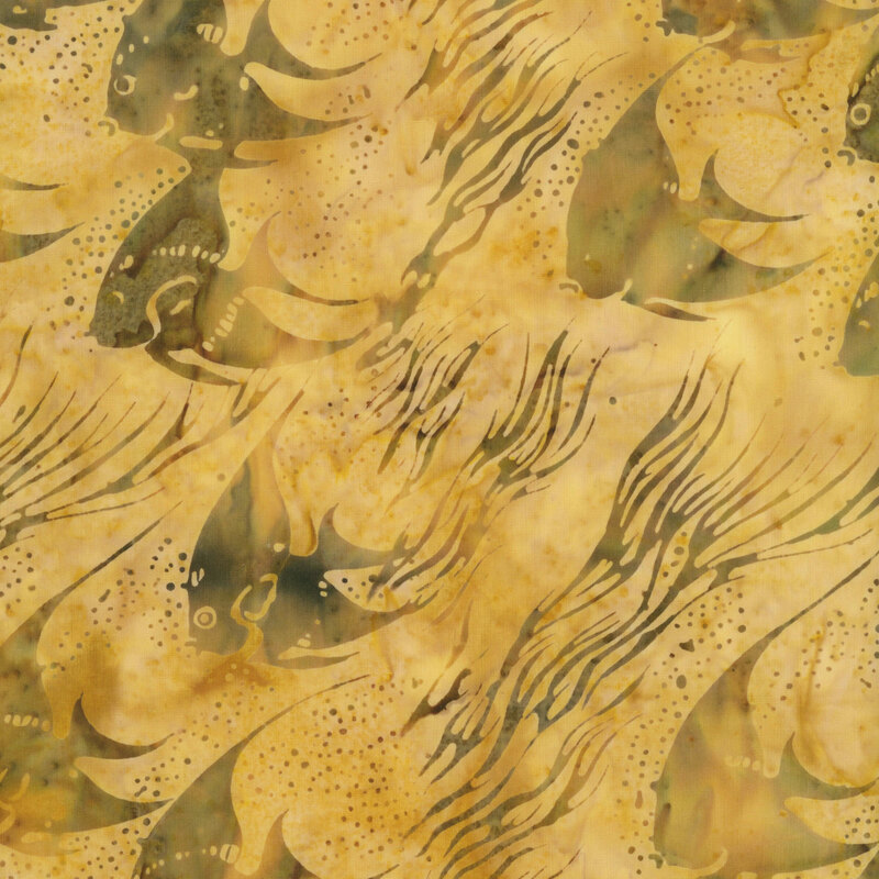 A mottled yellow batik with angelfish and seaweed. 