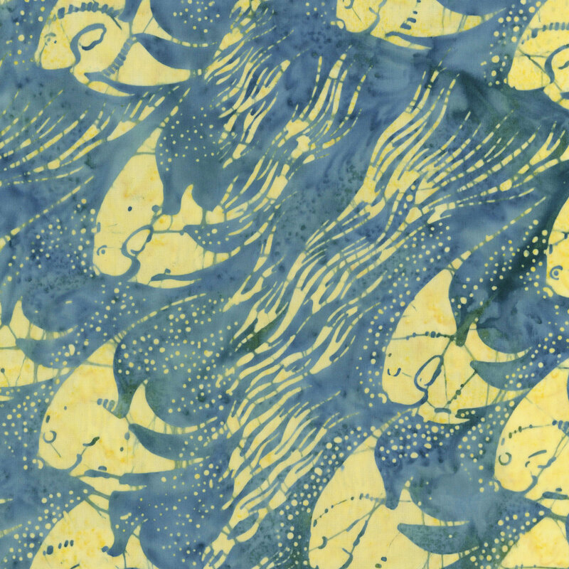 A mottled gray-blue fabric with angel fish and seaweed.