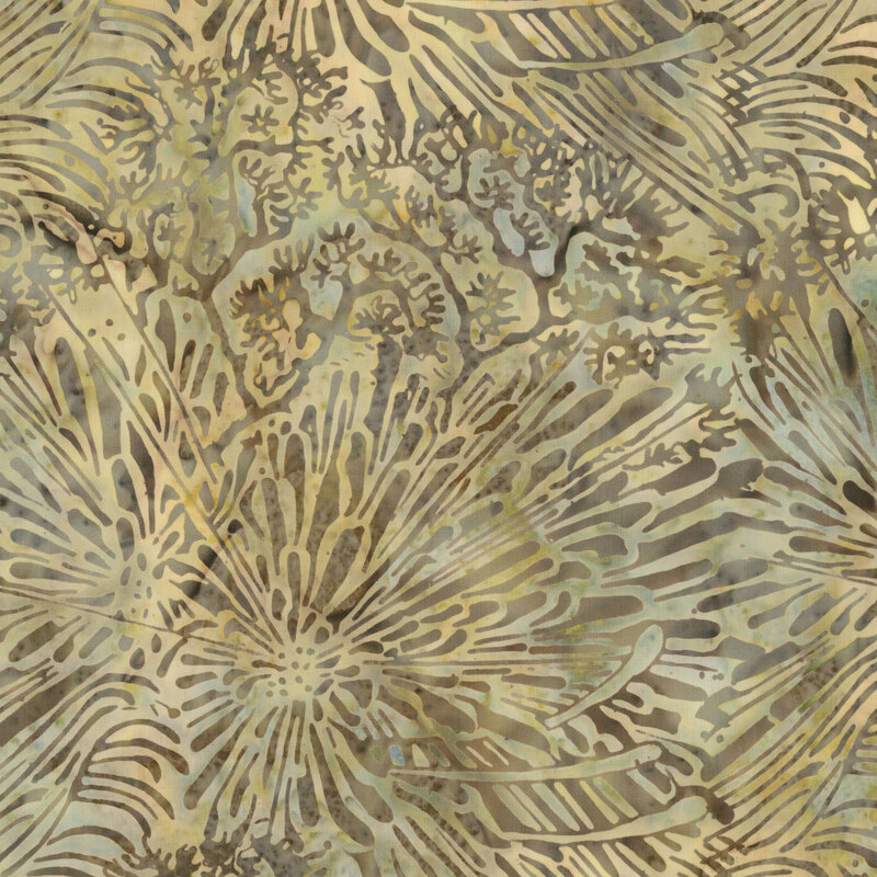 A mottled khaki batik with coral motifs. 