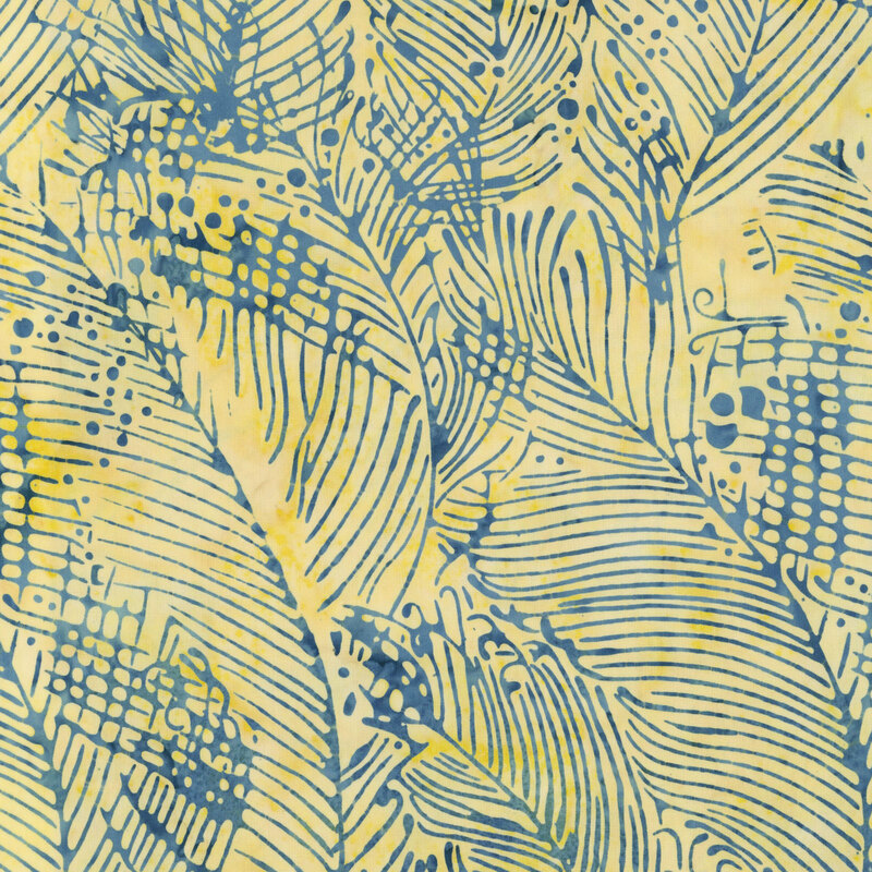 A mottled yellow fabric with seaweed and bubble motifs. 