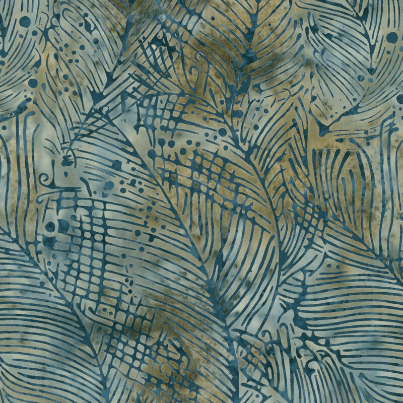 A mottled teal blue batik with seaweed and bubble motifs. 
