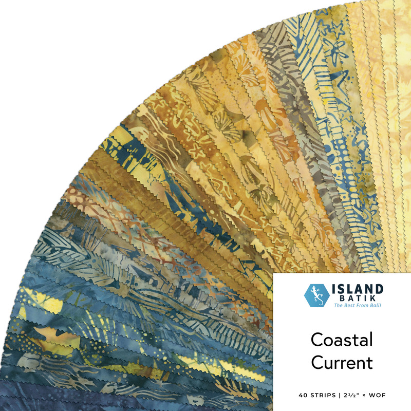 A collage of fabrics featured in the Coastal Current Jelly Roll by Island Batik.