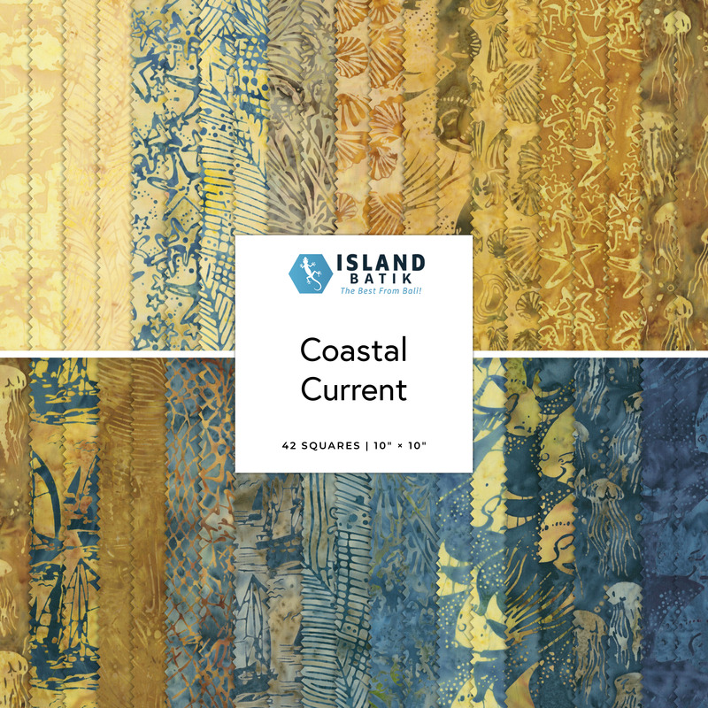 A collage of fabrics featured in the Coastal Current Layer Cake by Island Batiks. 