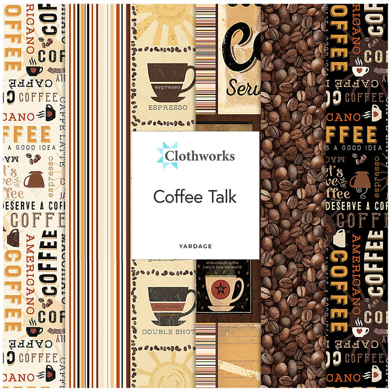 Collage of the coffee themed fabrics from the collection, overlapping each other.