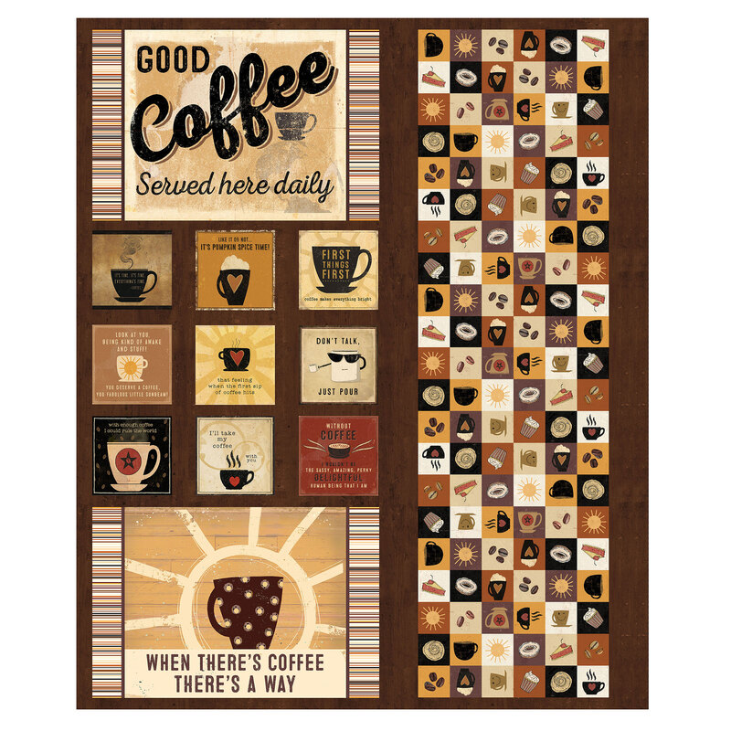 Panel of coffee-themed art with vintage signs, mugs, and a patchwork of coffee icons.
