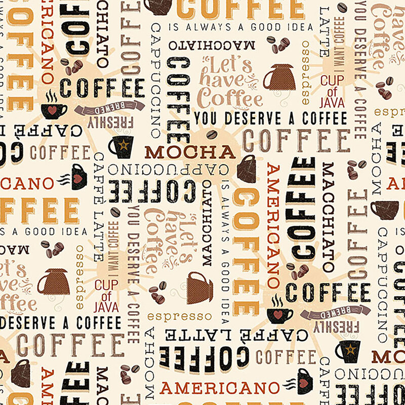 Pattern of coffee-themed words, cups, beans, and text in brown, orange, and beige.